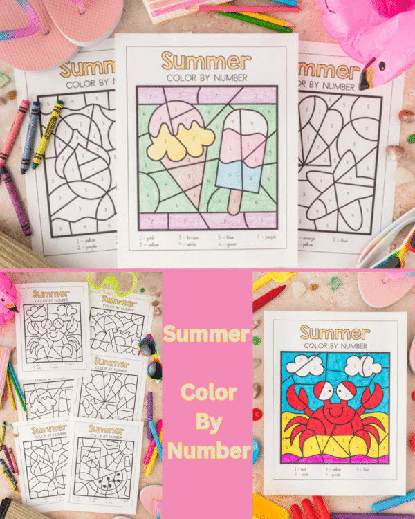 Summer Color by Number Printable Set – 6 Fun Pages for Kids | Instant Download